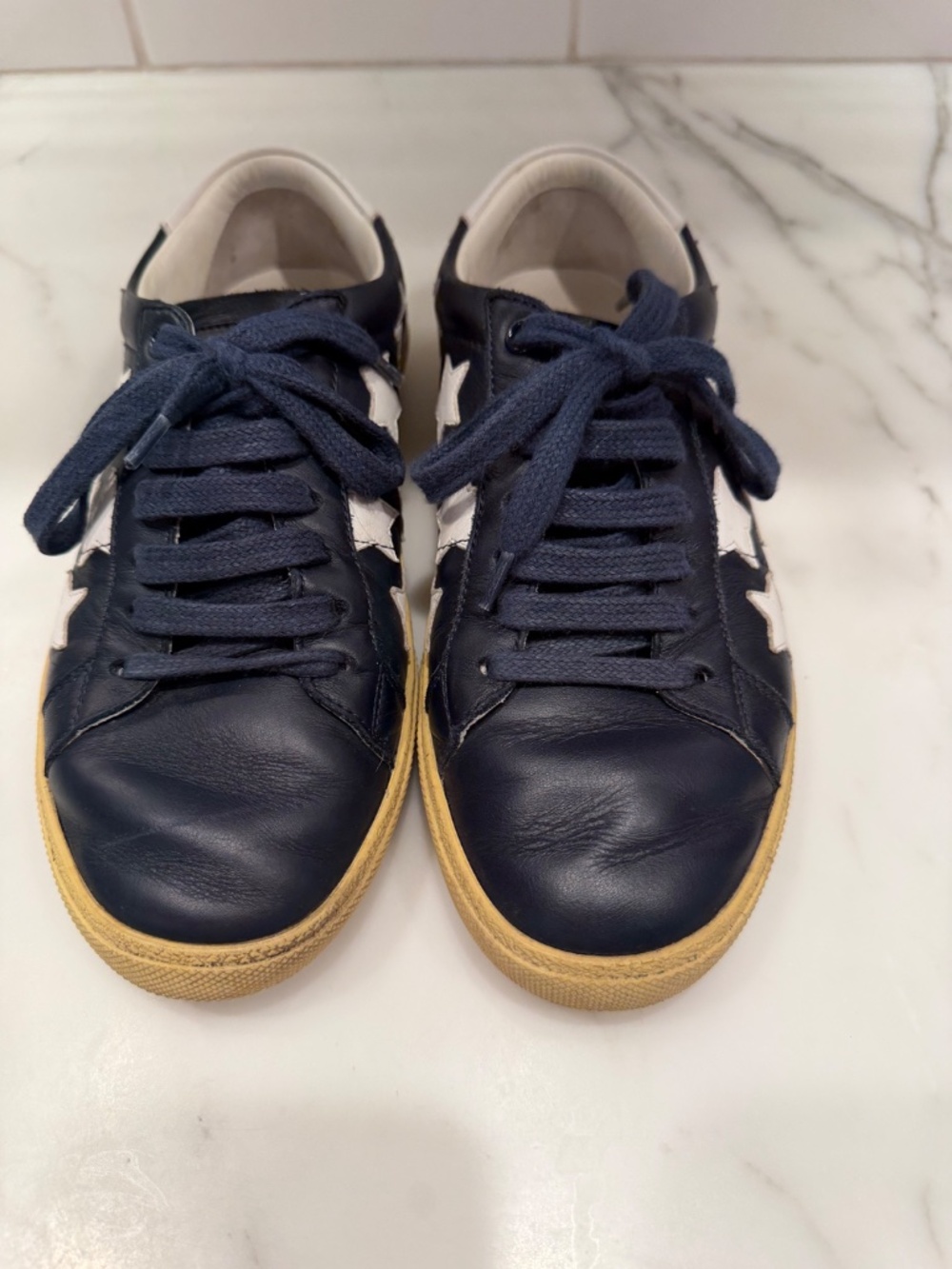 Saint Laurent Blue Leather Sneakers with White Stars Dust Bag & Bag 7.5 EU 37.5